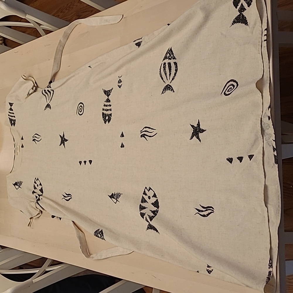 LIKE NEW VTG 90s Connie Choi Off White/Black Ocean Themed Linen Blend Maxi Dress